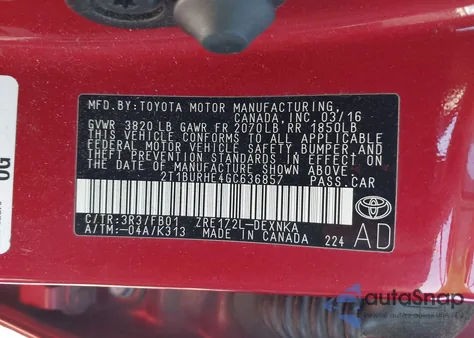 2016 Toyota Corolla Le из США, поврежденный, VIN 2T1BURHE4GC636857